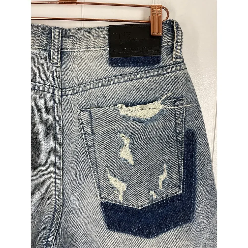 One‎ x One Teaspoon High Waist Mom Fit Intentionally Distressed Denim Shorts 25